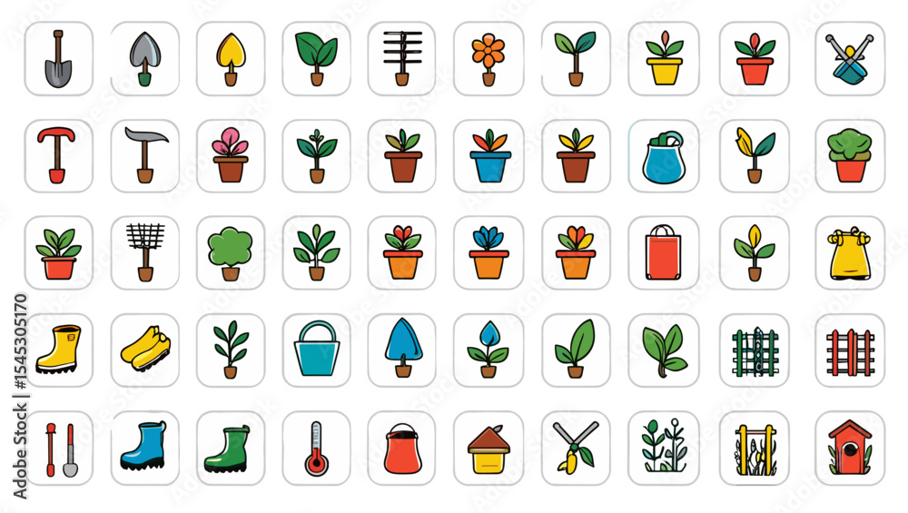 Illustration of various gardening tools and plants arranged in a grid pattern design