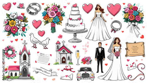 Illustration showcasing wedding elements including bride, groom, cake and church