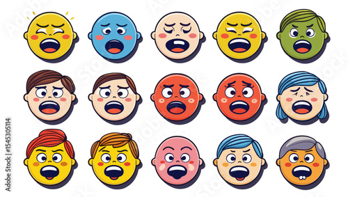 Illustration of fifteen cartoon faces with open mouths expressing various emotions