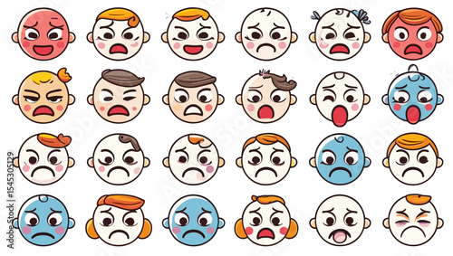 Illustration of a collection of cartoon faces with various expressions and emotions