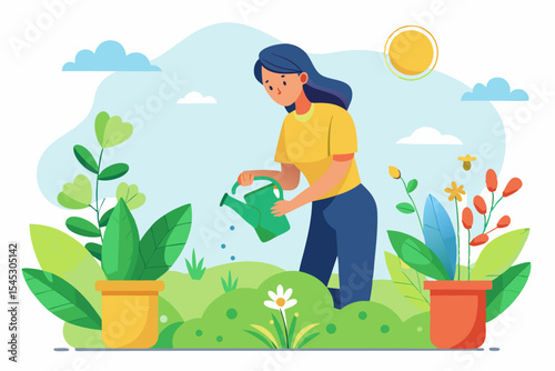 Vector illustration of a cartoon-style woman gardener wearing a hat, apron, and boots, watering green plants with a red watering can.