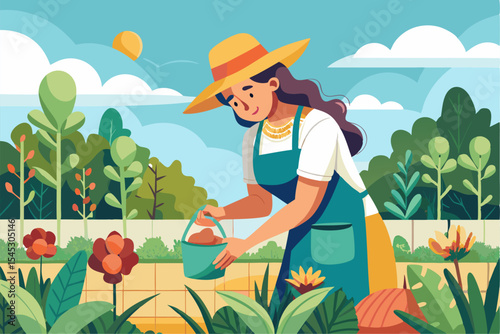 Vector illustration of a cartoon-style woman gardener wearing a hat, apron, and boots, watering green plants with a red watering can.