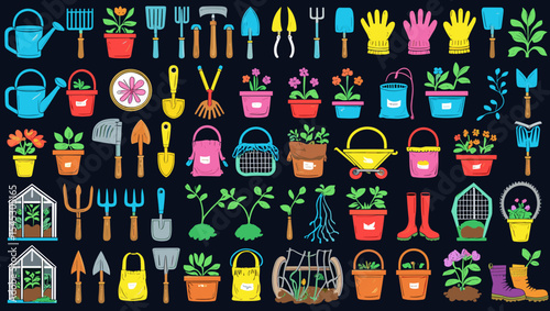 Assortment of gardening tools and equipment including pots and plants on dark background