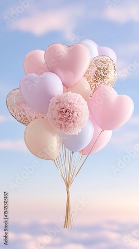 Pastel heart-shaped and round balloons floats gently against a soft cloudy sky, accented with a plush, fluffy central bloom and subtle glitter patterns. Birthdays, Valentine's Day, weddings