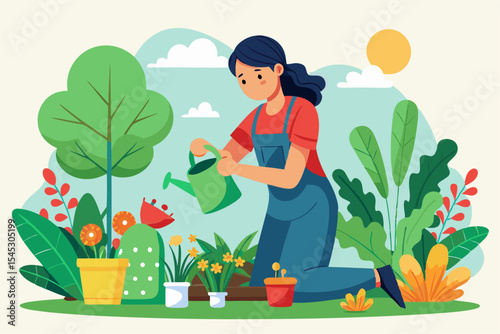 Vector illustration of a cartoon-style woman gardener wearing a hat, apron, and boots, watering green plants with a red watering can.