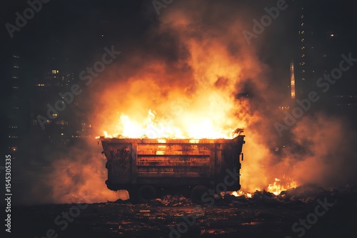 Dumpster fire waste disposal burning trash container flames garbage inferno pollution at night city view urban 