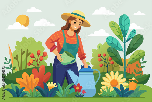 Vector illustration of a cartoon-style woman gardener wearing a hat, apron, and boots, watering green plants with a red watering can.