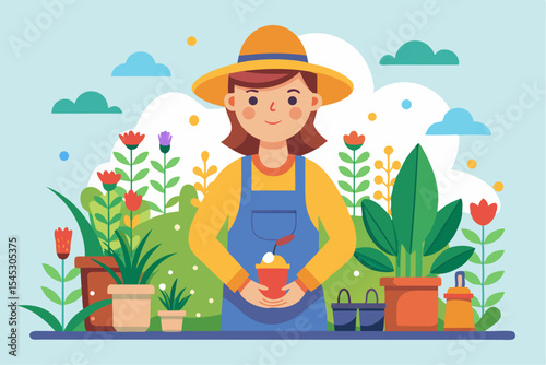 Vector illustration of a cartoon-style woman gardener wearing a hat, apron, and boots, watering green plants with a red watering can.