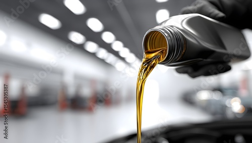 Engine oil Pouring oil motor car lubricant from black bottle on engine service oil change
