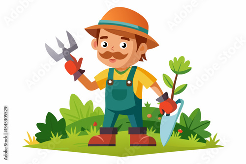 Vector illustration of a cartoon-style woman gardener wearing a hat, apron, and boots, watering green plants with a red watering can.