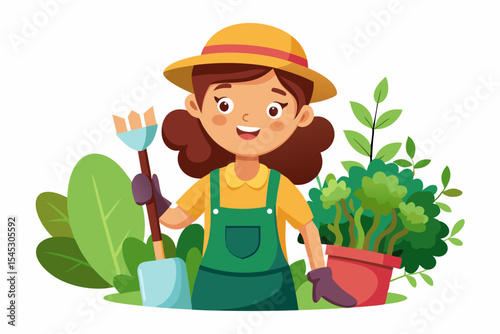 Vector illustration of a cartoon-style woman gardener wearing a hat, apron, and boots, watering green plants with a red watering can.