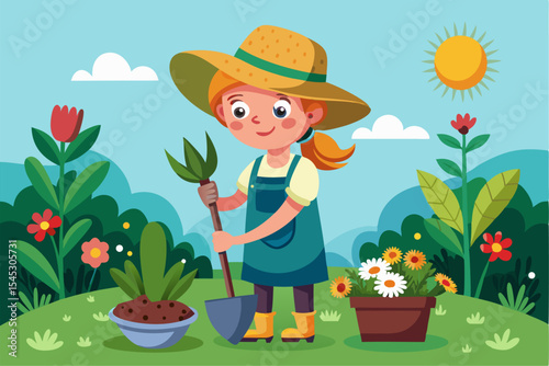 Vector illustration of a cartoon-style woman gardener wearing a hat, apron, and boots, watering green plants with a red watering can.