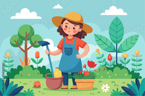 Vector illustration of a cartoon-style woman gardener wearing a hat, apron, and boots, watering green plants with a red watering can.