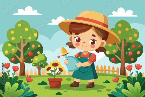 Vector illustration of a cartoon-style woman gardener wearing a hat, apron, and boots, watering green plants with a red watering can.