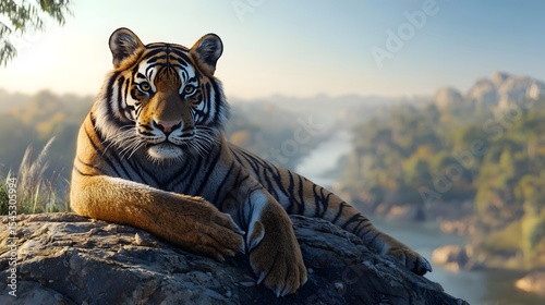 A tiger rests on a rock, bathed in soft sunlight