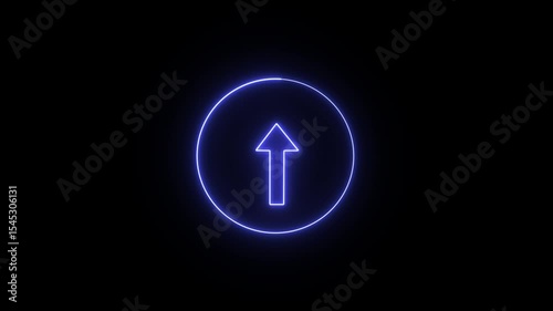 Abstract glowing blue neon-style arrow pointing upwards within a circular outline, set against a dark background. 4k animation