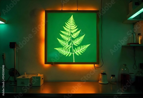 Framed green screen poster on science lab wall, for inserting X-ray botanical artwork or diagram