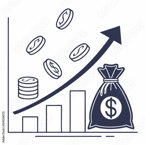 Financial growth chart with coins and money bag illustration  
