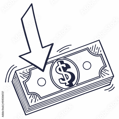Stack of cash with downward arrow indicating decrease in value  