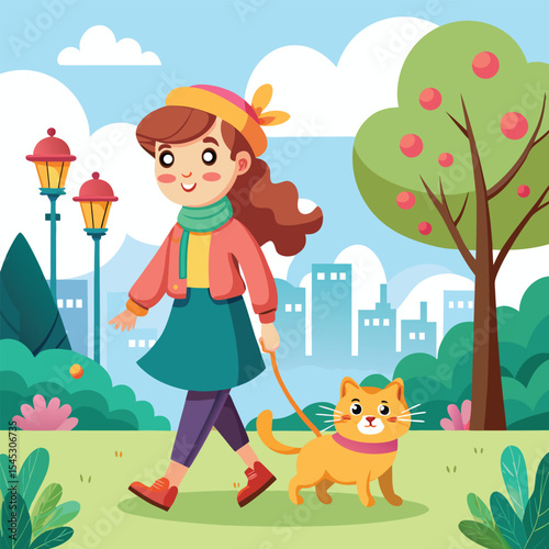 A girl walking in the park with her cat