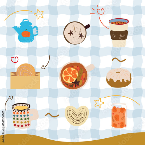 Cozy autumn illustration set with hot drinks, pastries, jam, and seasonal treats. Perfect for fall designs, packaging, café menus, and social media content.