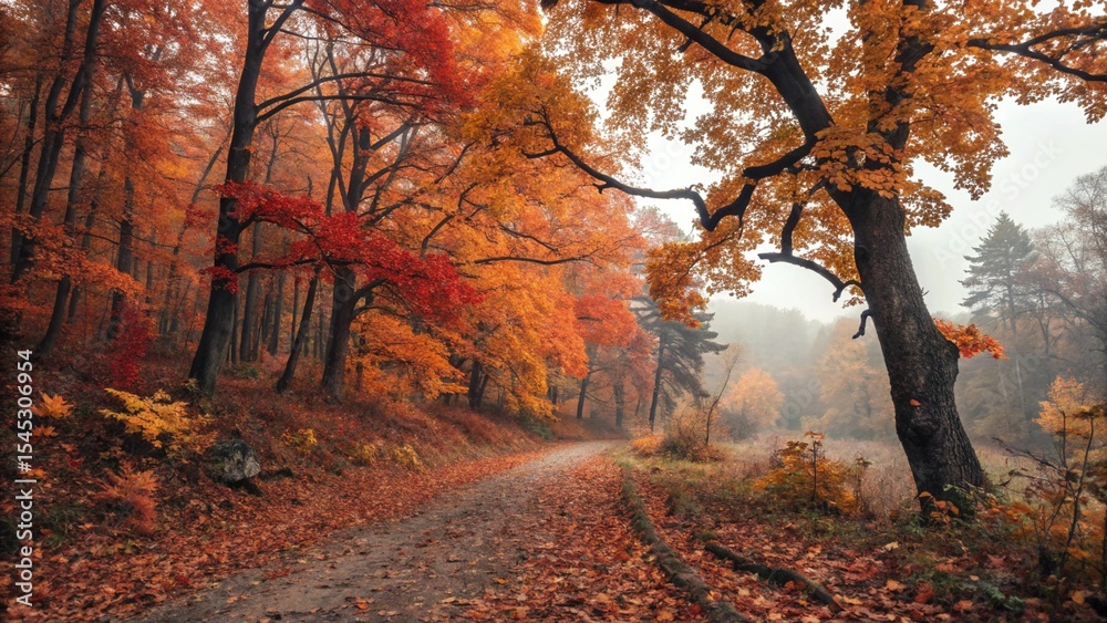 Fototapeta premium Autumn forest path with colorful leaves and foggy atmosphere 