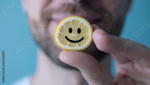 Happy Lemon Slice with Smiley Face Held by Person Close Up