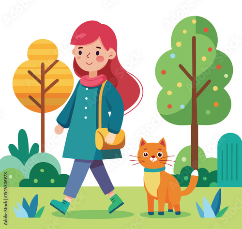 A girl walking in the park with her cat