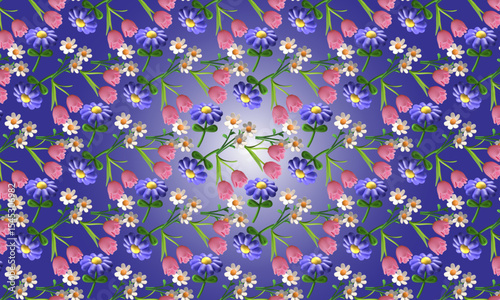 A vibrant, seamless pattern of stars and stripes with colorful floral blossoms creates a perfect vintage summer illustration