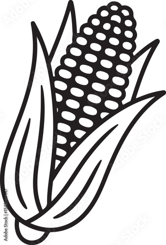 Simple black and white illustration of a freshly grown corn on the cob with leaves