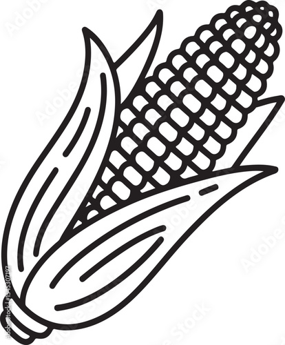 Simple black and white illustration of an open ear of corn with its husk