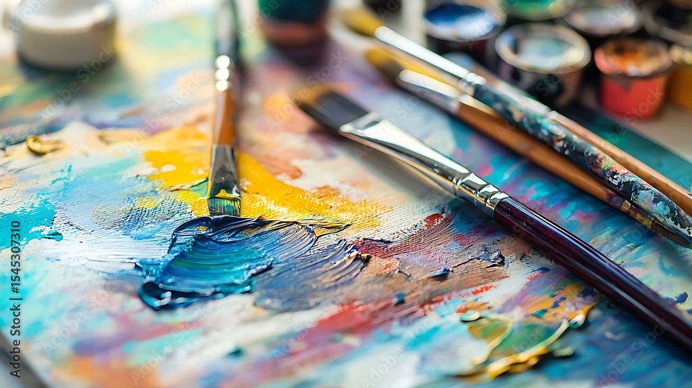 Fototapeta premium Vibrant Artist s Palette with Paintbrushes and Oil Colors Close Up