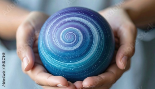 Hands Holding a Colorful Swirling Model of a Climate-Inspired Exoplanet