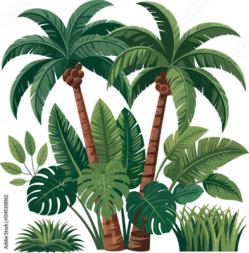 Vector illustration of tropical palm trees and lush green foliage on white background