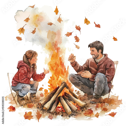Family Enjoying Autumn Bonfire, watercolor clipart vector, isolated on a white background.
