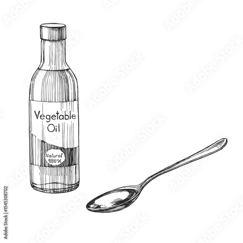 Vector hand-drawn illustration of a bottle of oil and a spoon. Black and white sketch with food ingredient.