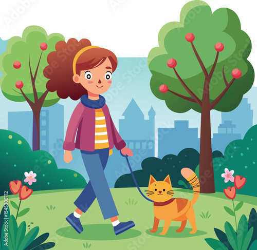 A girl walking in the park with her cat
