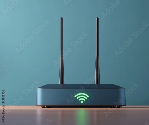 A sleek wireless router with two antennas sits on a wooden surface. The device features a green status light, indicating an active internet connection