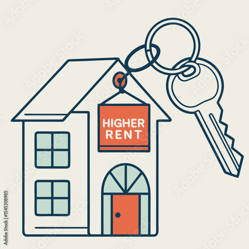House key with tag showing higher rent on neutral background  