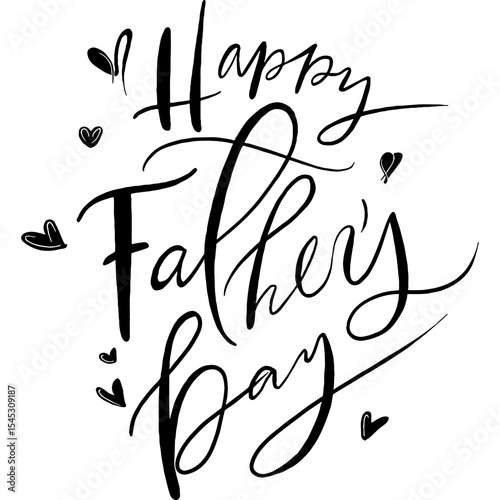 Celebrate Father's Day with this adorable black and white hand-drawn illustration featuring playful doodles of children, hearts, a gift box, a tree, and the cheerful message "Happy Father's Day". Perf