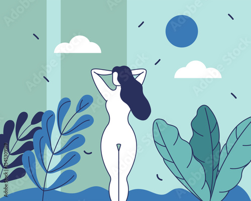 Minimalist female figure viewed from behind standing in nature with abstract foliage, clouds and sun on a pastel blue background. Vector illustration.