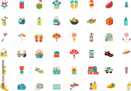 Vibrant Summer Essentials Flat Lay A Cheerful Collection of Holiday and Beach-Themed Items for a Getaway