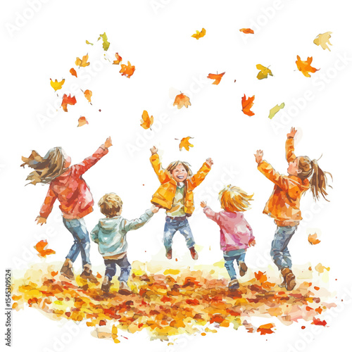 Fall Festival Kids Playing, watercolor vector, isolated on a white background.