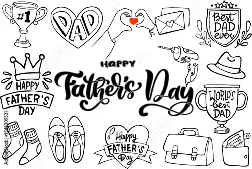 Celebrate Father's Day with this adorable black and white hand-drawn illustration featuring playful doodles of children, hearts, a gift box, a tree, and the cheerful message "Happy Father's Day". Perf