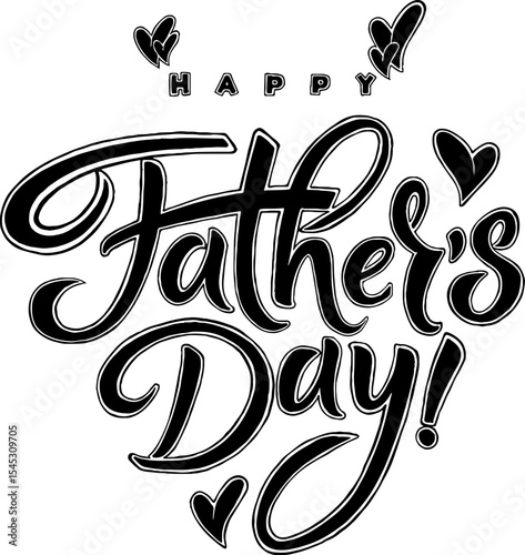Celebrate Father's Day with this adorable black and white hand-drawn illustration featuring playful doodles of children, hearts, a gift box, a tree, and the cheerful message "Happy Father's Day". Perf