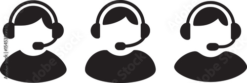 Three Customer Service Representatives Wearing Headsets, Simple black and white graphic icons of three customer service 