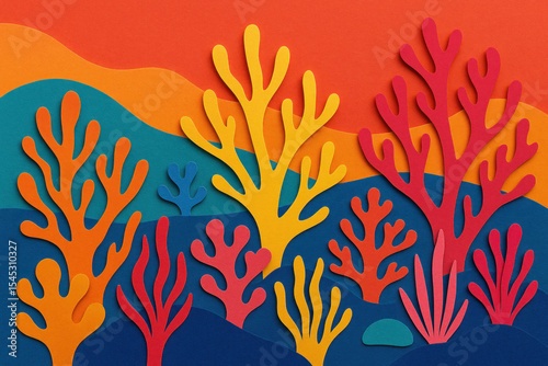 Colorful paper cut corals on blue background.