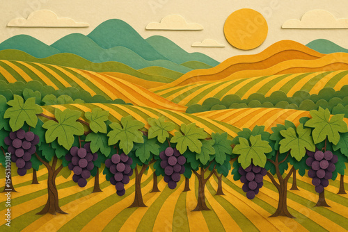 Vineyard paper cut with sun backdrop.