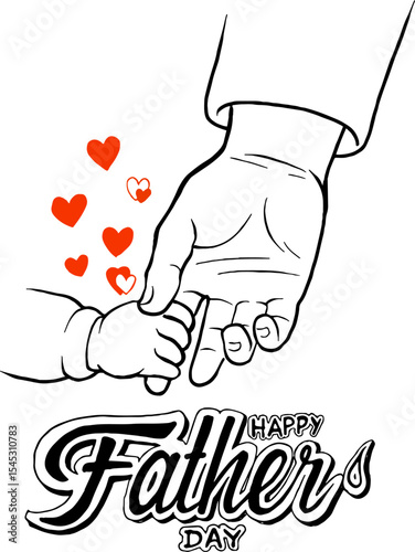 Celebrate Father's Day with this adorable black and white hand-drawn illustration featuring playful doodles of children, hearts, a gift box, a tree, and the cheerful message "Happy Father's Day". Perf