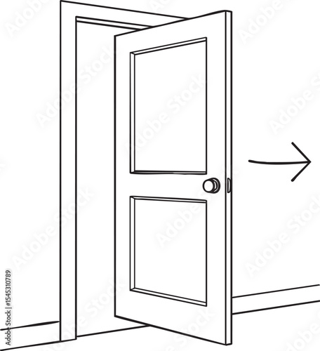 Open Doorway with Arrow Indicating Exit or Direction in a Simple Black and White Line Art Style